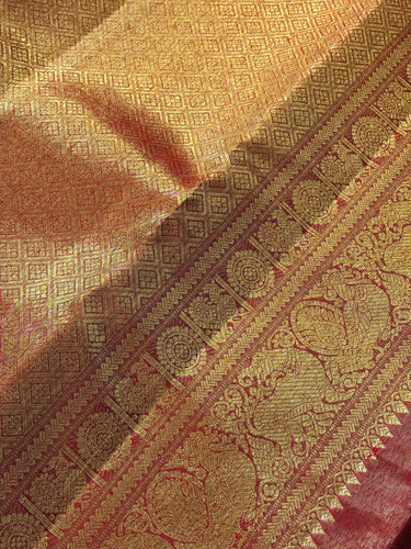 ShopNaya Exclusive | Metallic Brocade Kanchipuram Pure Silk Saree | Red | Pure Gold Zari | Handwoven | Ships from California